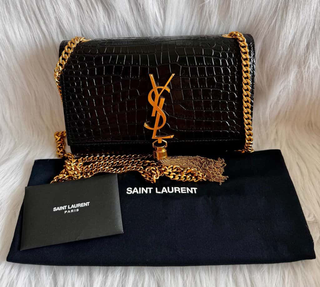 Saint Laurent Kate Small Tassel Croc Embossed Leather Black Shoulder Bag Black Leather Good - Model View