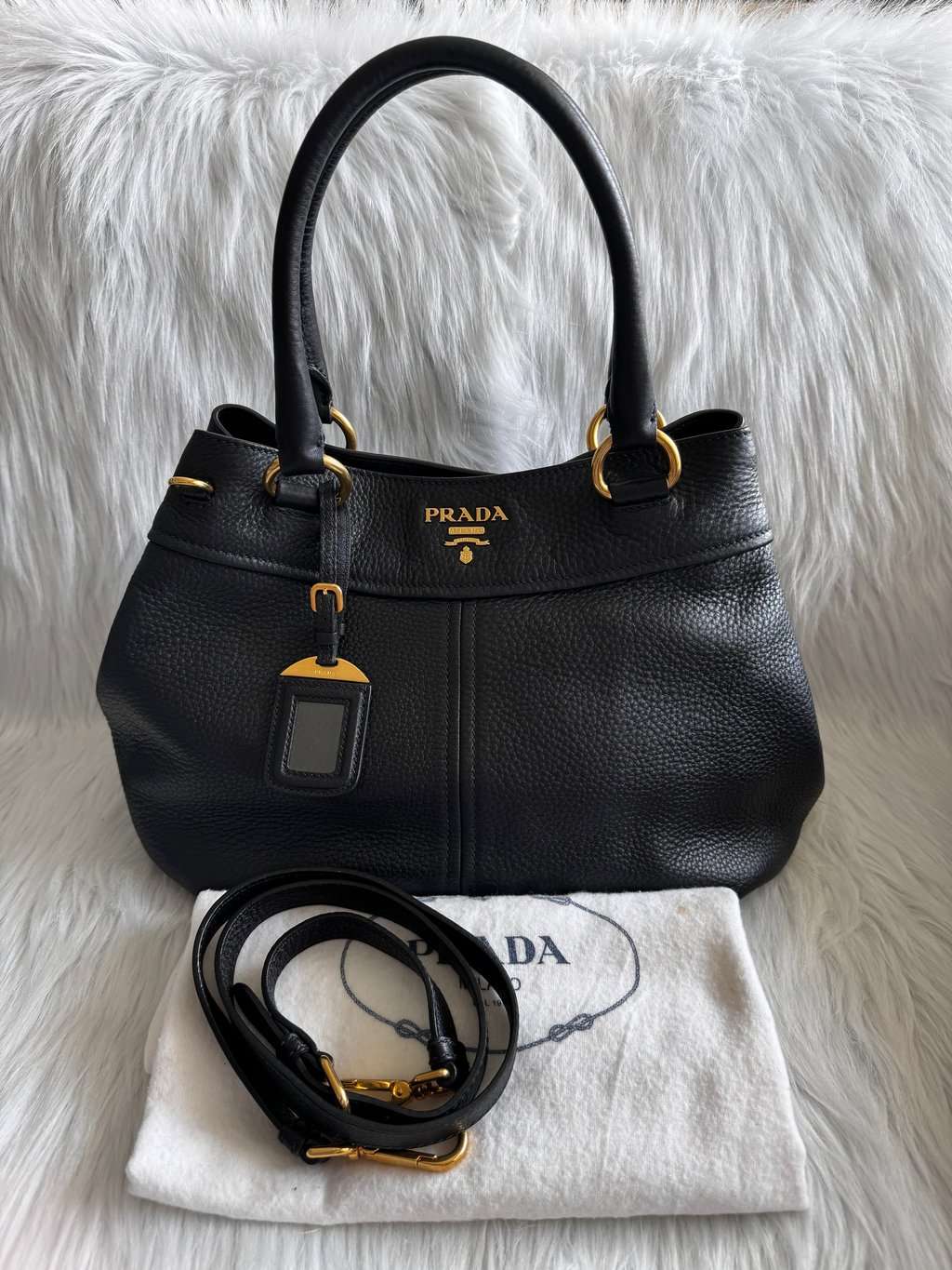 Prada Vitello Daino Black two way bag Black Leather Good - Inside View