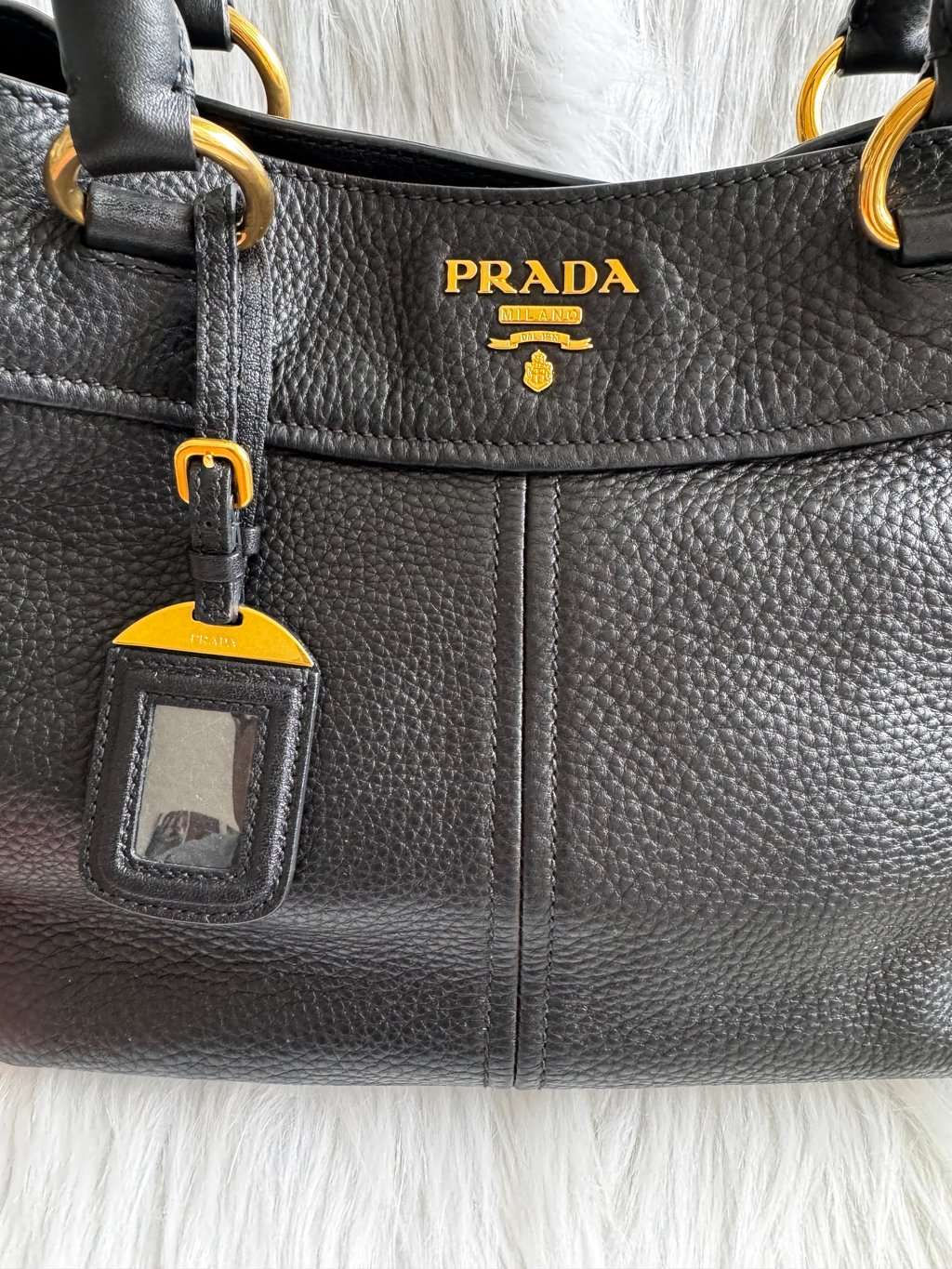 Prada Vitello Daino Black two way bag Black Leather Good - Model View