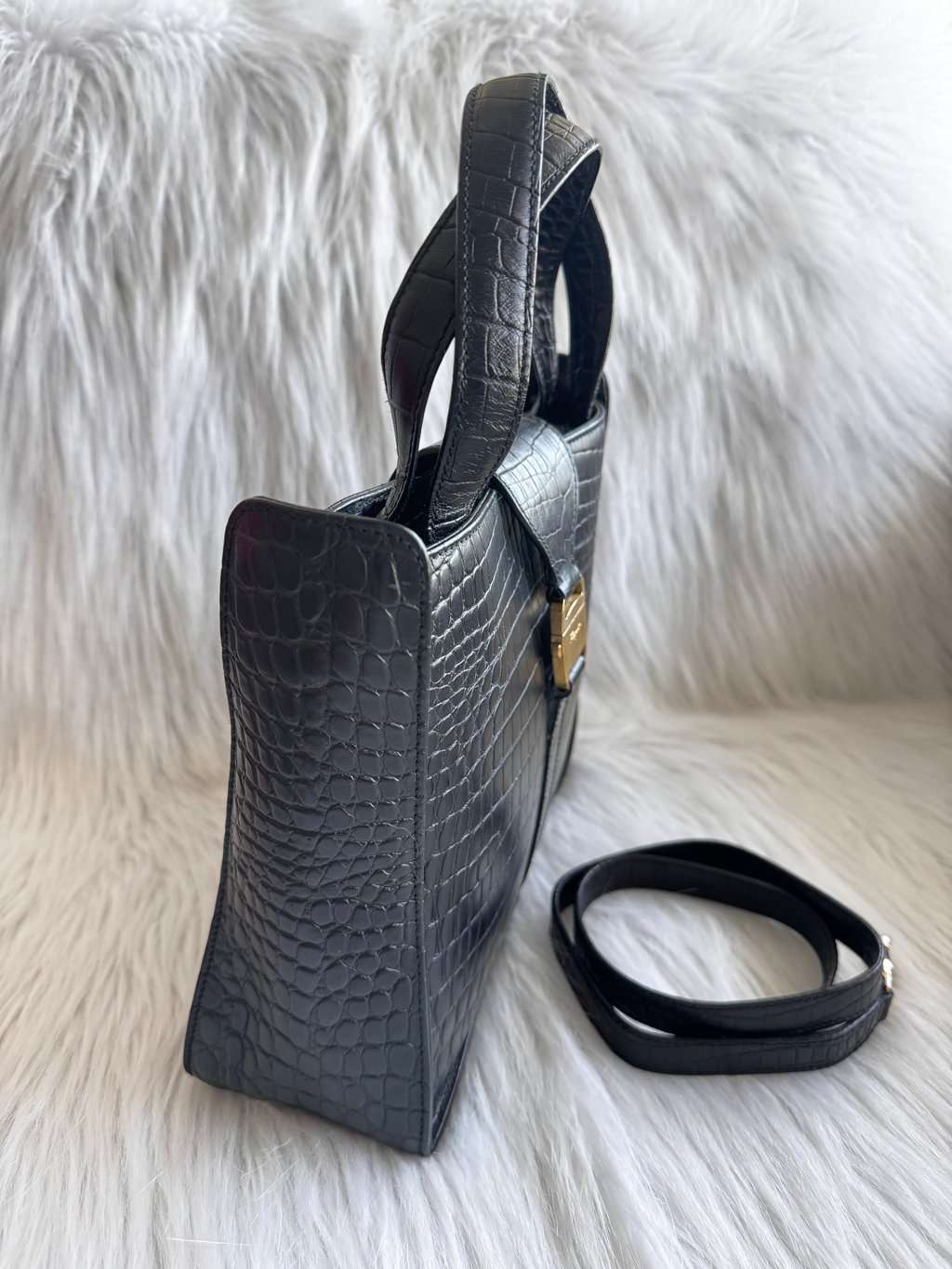 Salvatore Ferragamo Croc Embossed Black Two-way Bag Black Leather Good - Model View