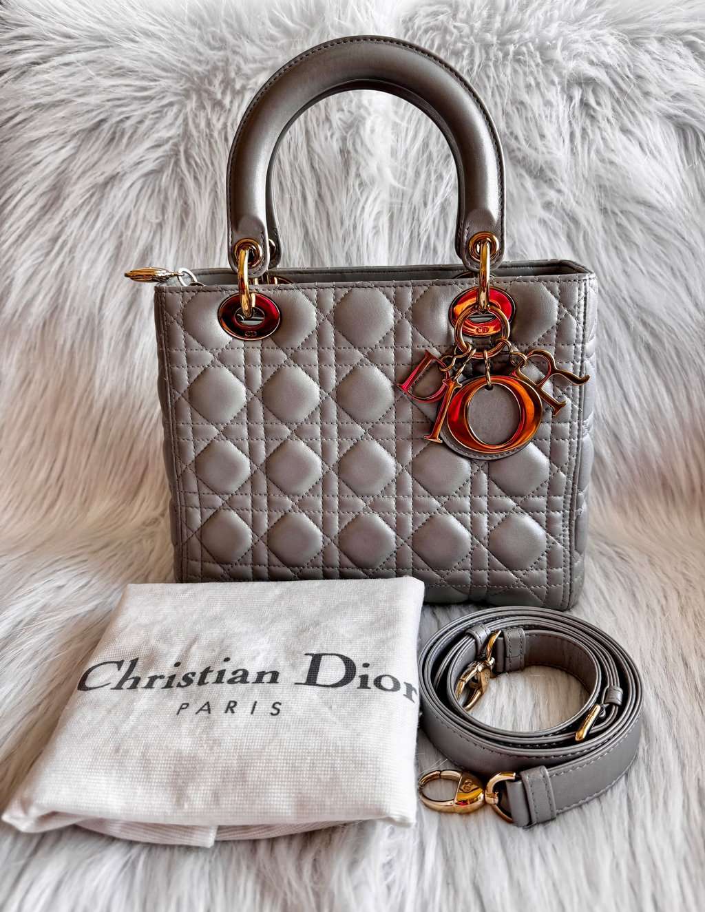 Christian Dior Lady Dior Medium Gray Pearlescent Grey Leather Good - Inside View