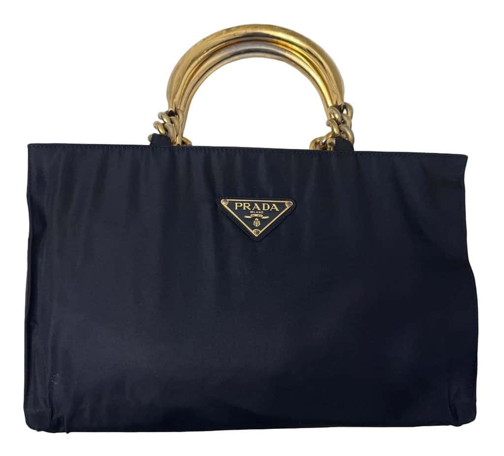 Prada Tessuto Navy Blue Metal Handle Handbag Navy Good - Front View