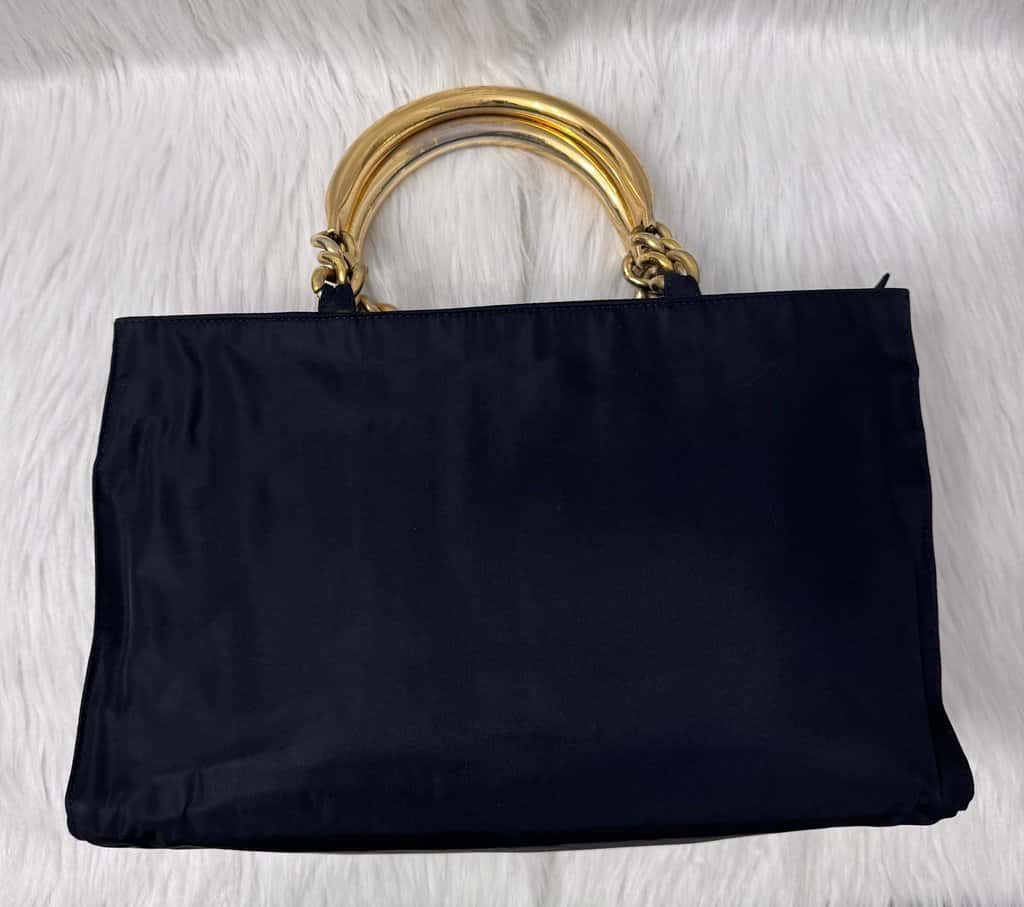 Prada Tessuto Navy Blue Metal Handle Handbag Navy Good - Back View