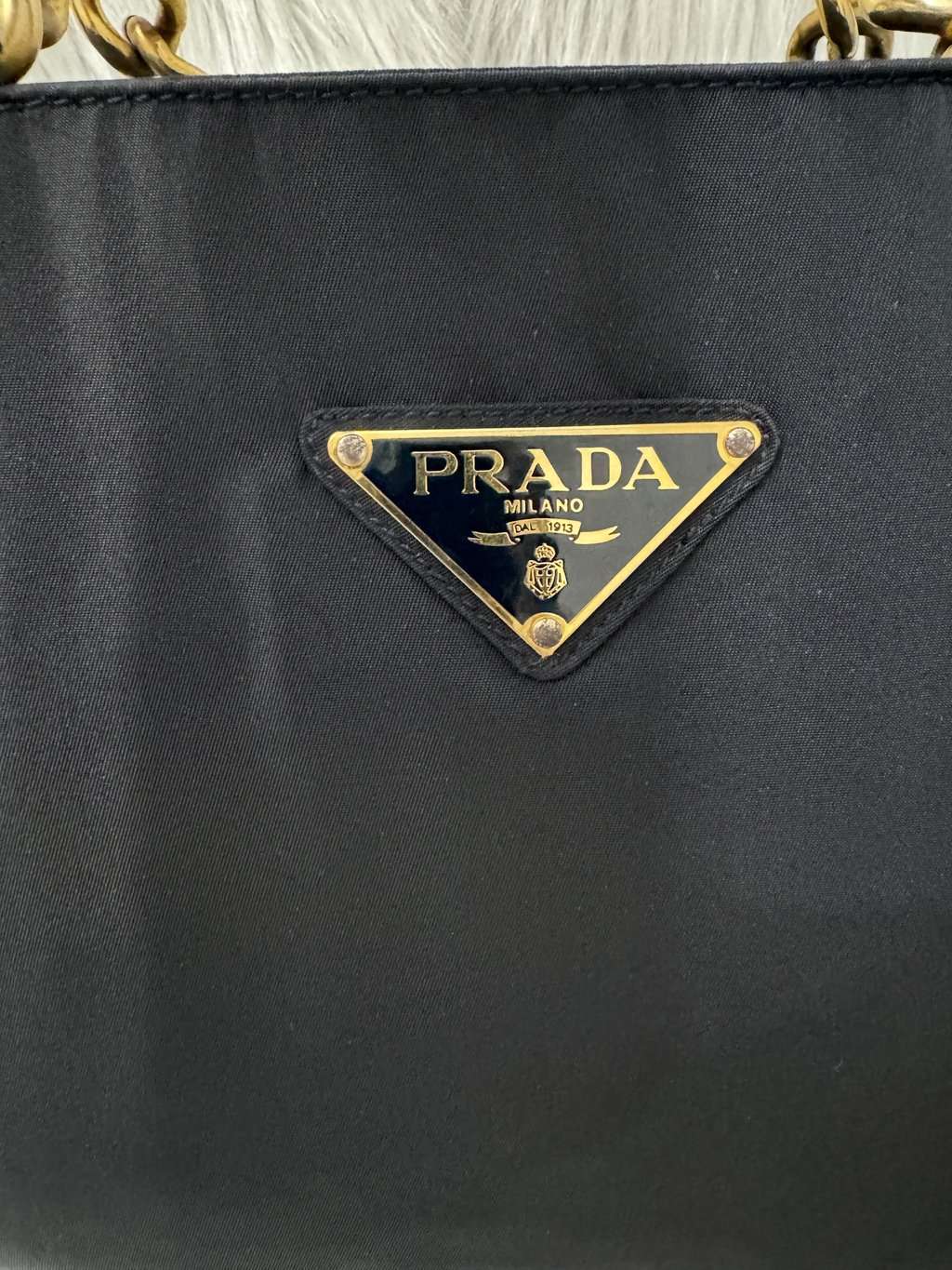 Prada Tessuto Navy Blue Metal Handle Handbag Navy Good - Box View