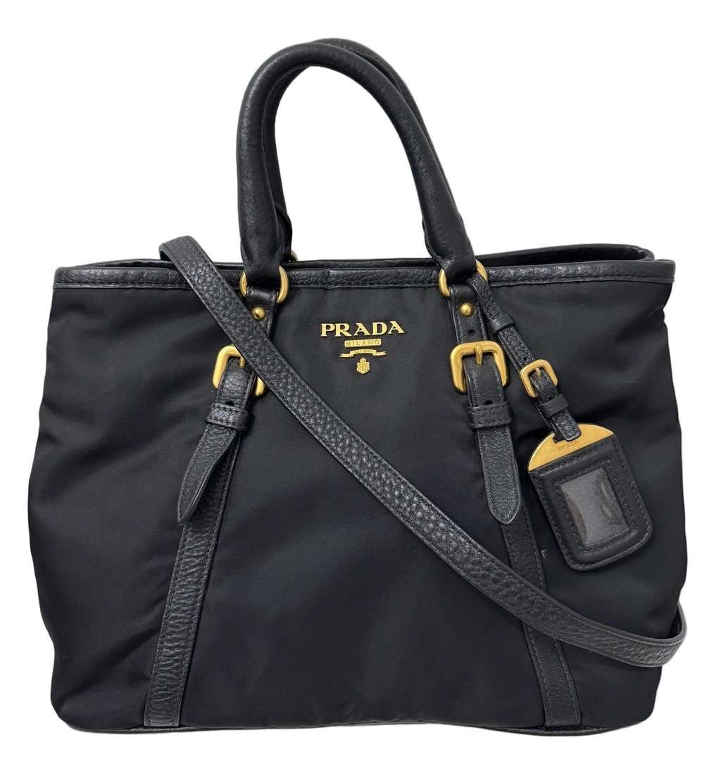 Prada Tessuto Nylon Black Two Way Bag Black Good - Front View