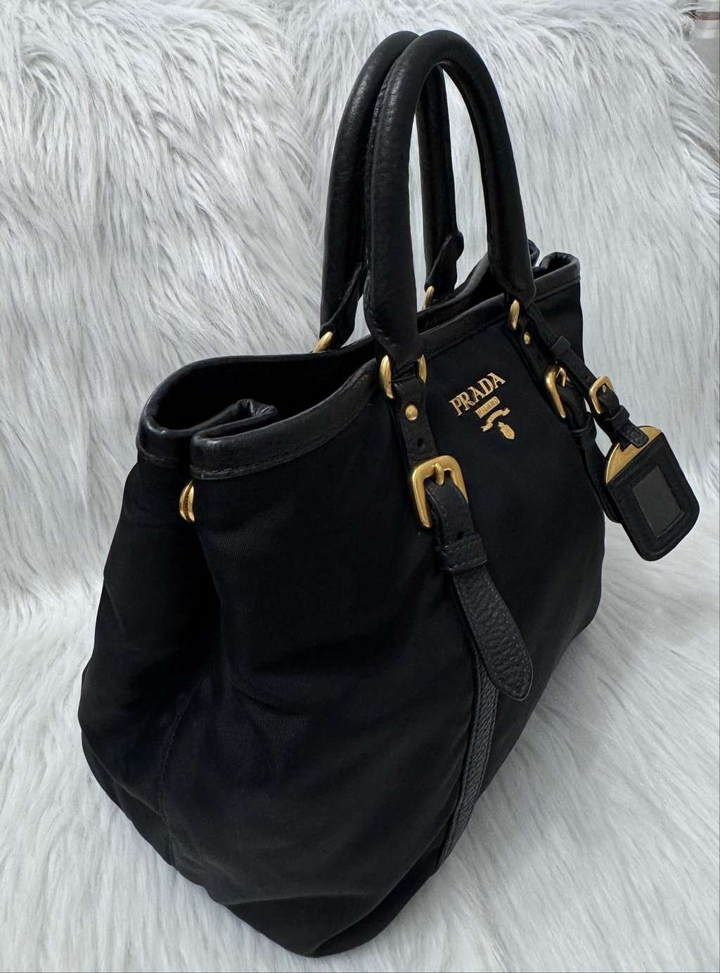 Prada Tessuto Nylon Black Two Way Bag Black Good - Model View