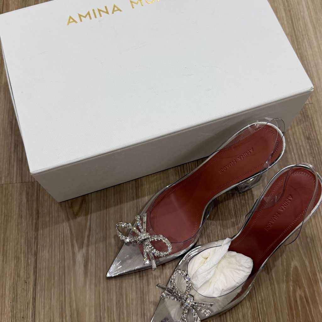 Amina Muaddi Rosie Glass Sling 95 Silver Never worn, with tag - Model View