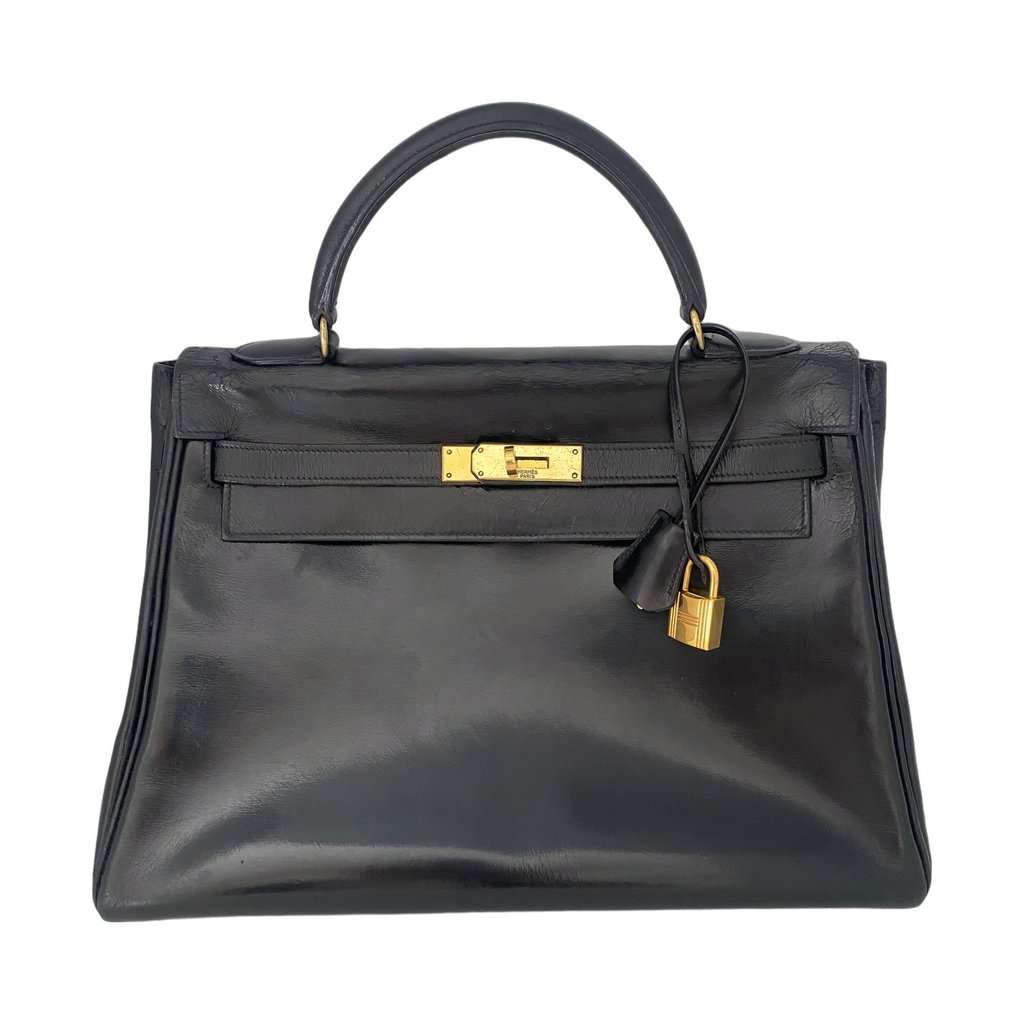 Hermès Kelly 32 Black Box Black Leather Fair condition - Front View