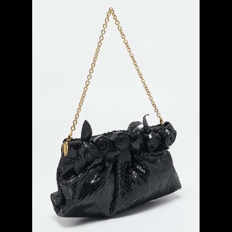 Valentino Garavani Python Leather Fleur Clutch Black Leather Good condition - Back View