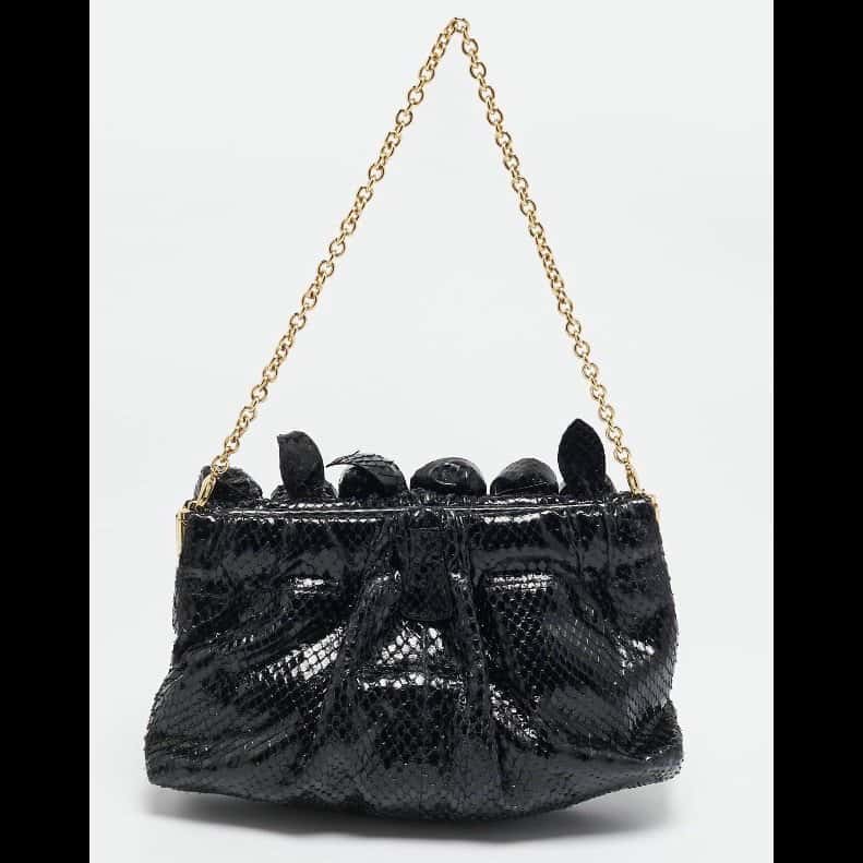 Valentino Garavani Python Leather Fleur Clutch Black Leather Good condition - Inside View