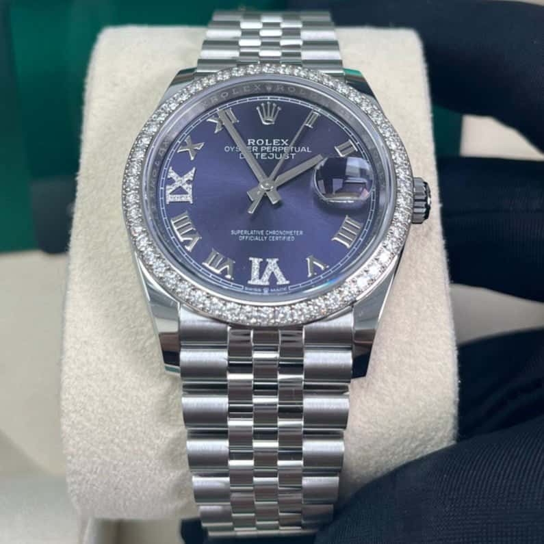 Rolex Steel Datejust 36 Watch - Diamond Bezel - Aubergine Purple Diamond Roman VI and IX Dial - Jubilee Bracelet (Reference #126284rbr) Purple Never worn - Box View