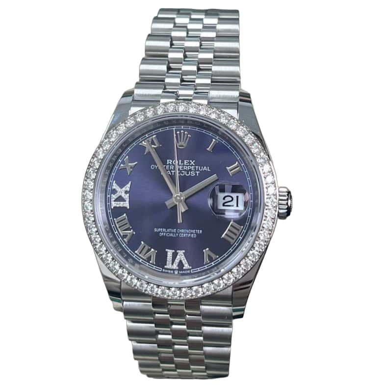 Rolex Steel Datejust 36 Watch - Diamond Bezel - Aubergine Purple Diamond Roman VI and IX Dial - Jubilee Bracelet (Reference #126284rbr) Purple Never worn - Front View