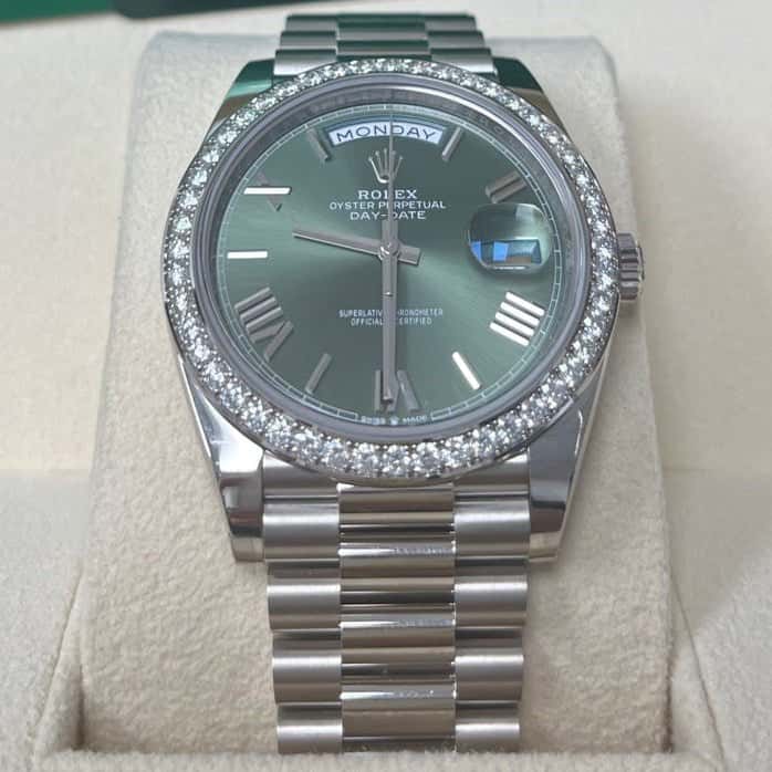 Rolex White Gold Day-Date 40 Watch - Bezel - Olive Green Bevelled Roman Dial - President Bracelet Green Never worn - Box View