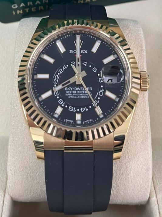 Rolex Yellow Gold Sky-Dweller Watch - Black Index Dial - Oysterflex Bracelet 42mm Black Never worn - Back View