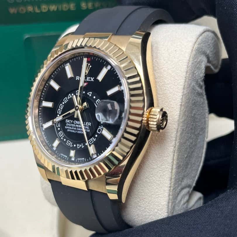 Rolex Yellow Gold Sky-Dweller Watch - Black Index Dial - Oysterflex Bracelet 42mm Black Never worn - Box View
