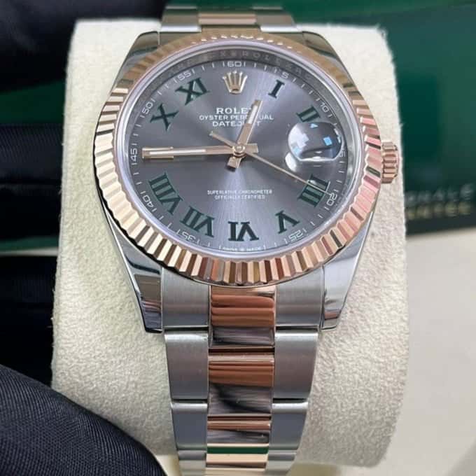 Rolex Steel and Rose Gold Datejust 41mm - Fluted Bezel - Slate Gray Wimbledon Roman Dial (Reference #126331) 41mm Pink Never worn - Box View