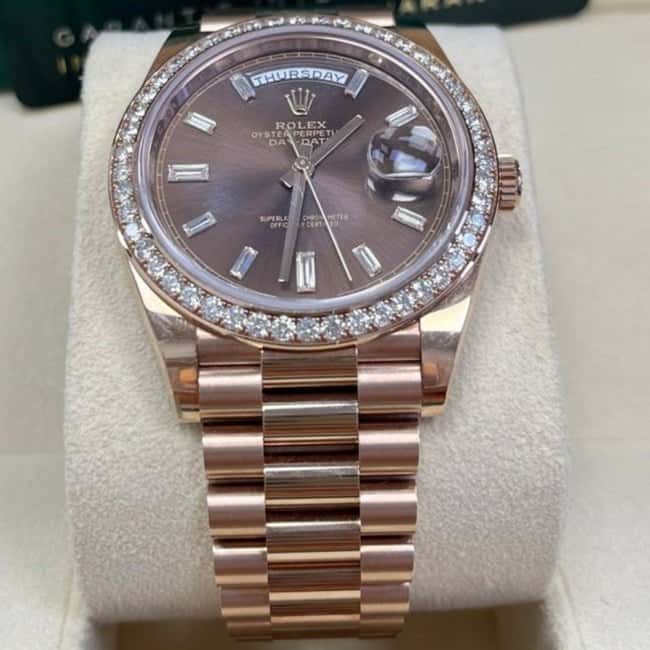 Rolex Everose Gold Day-Date 40 Watch - Everose Gold Bezel - Chocolate Baguette Diamond Dial - President Bracelet Pink Never worn - Back View