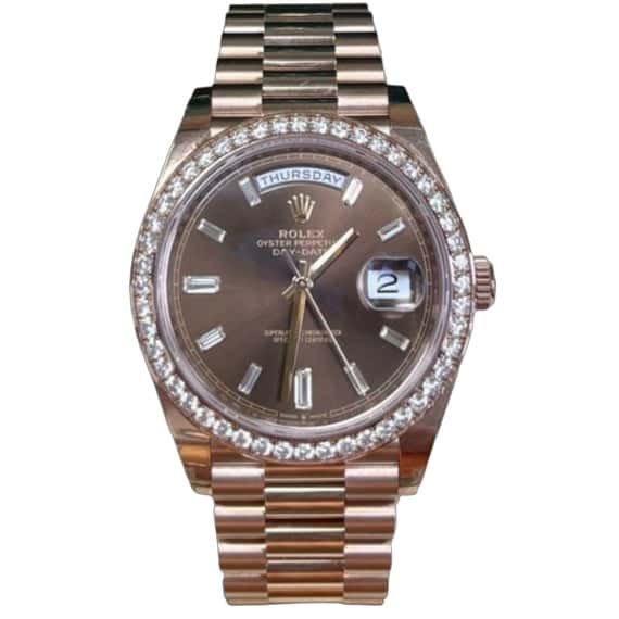 Rolex Everose Gold Day-Date 40 Watch - Everose Gold Bezel - Chocolate Baguette Diamond Dial - President Bracelet Pink Never worn - Front View