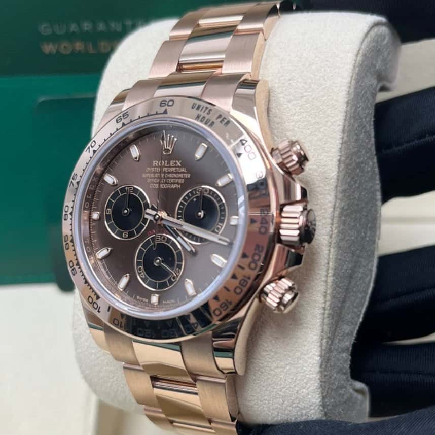 Rolex Everose Gold Cosmograph Daytona 40 Watch - Chocolate and Black Index Dial Pink Never worn - Box View