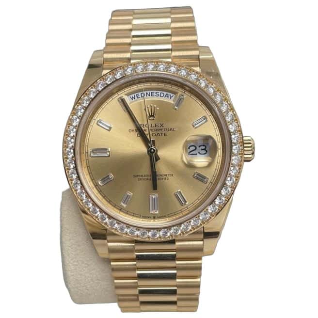 Rolex Yellow Gold Day-Date 40 Watch - Yellow Gold Bezel - Champagne Baguette Diamond Dial - President Bracelet ( Ref# 228348RBR) Silver Never worn - Front View