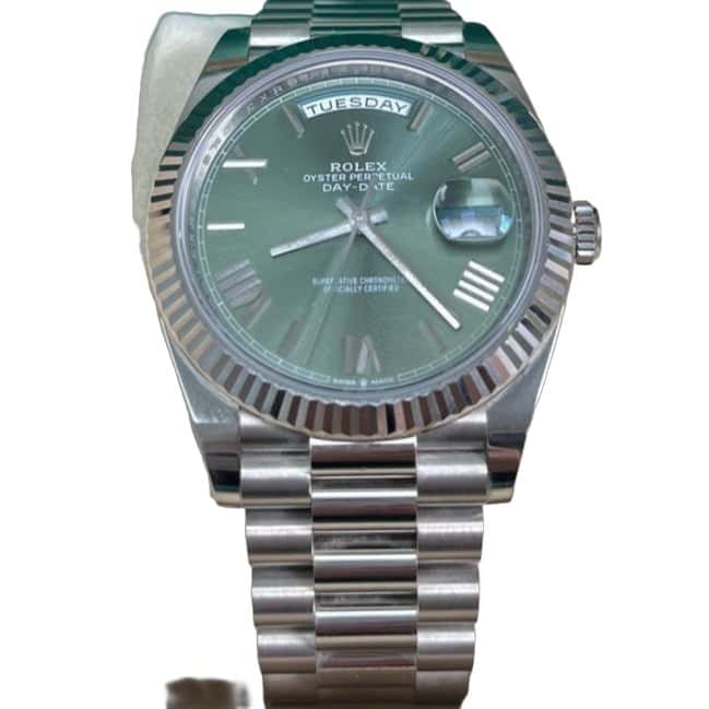 Rolex White Gold Day-Date 40 Watch - Fluted Bezel - Olive Green Bevelled Roman Dial - President Bracelet Green Never worn - Front View