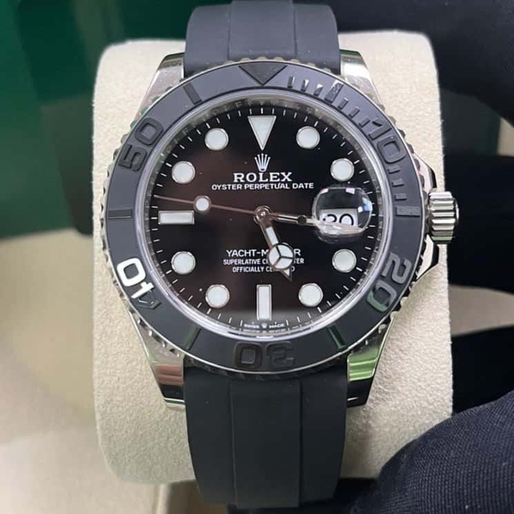 Rolex White Gold Yacht-Master 42 Watch - Black Dial - Oysterflex Strap Black Never worn - Box View