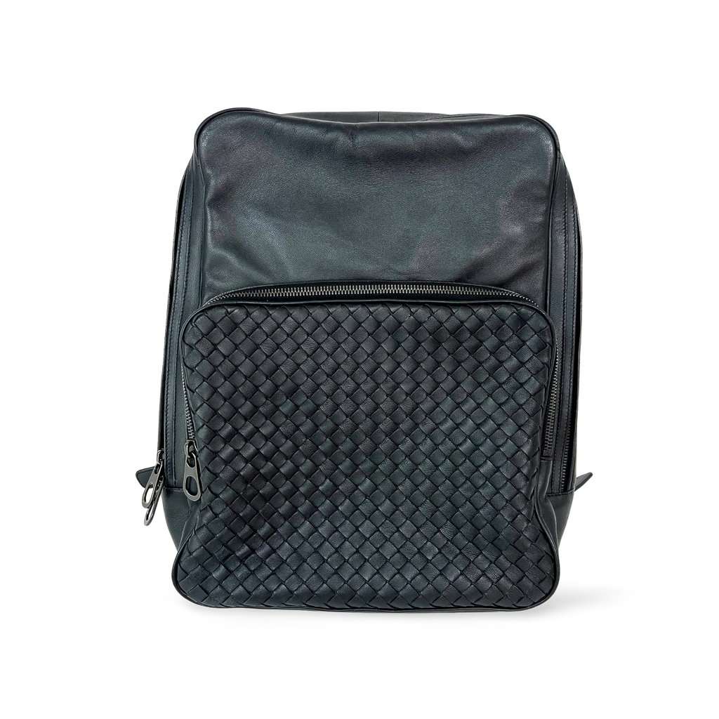 Bottega Veneta Intrecciato Leather Backpack Black Black Leather Good - Front View