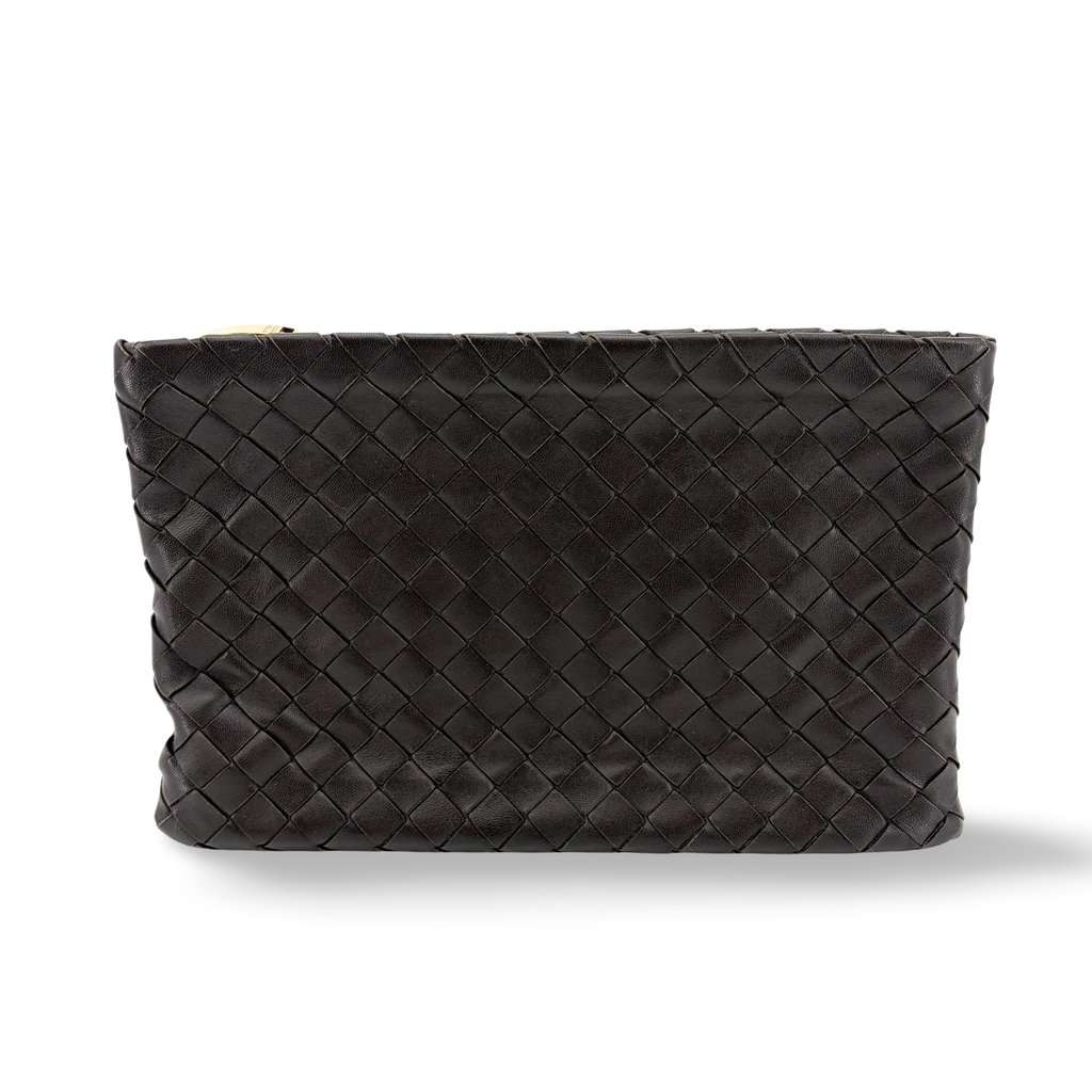 Bottega Veneta Intrecciato Leather Medium Clutch Espresso Brown Leather Good - Front View