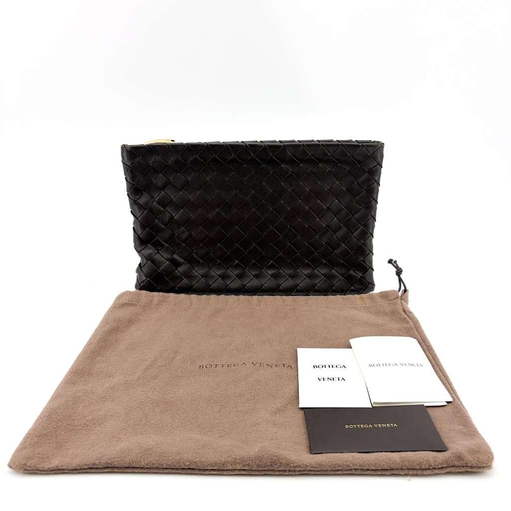 Bottega Veneta Intrecciato Leather Medium Clutch Espresso Brown Leather Good - Back View
