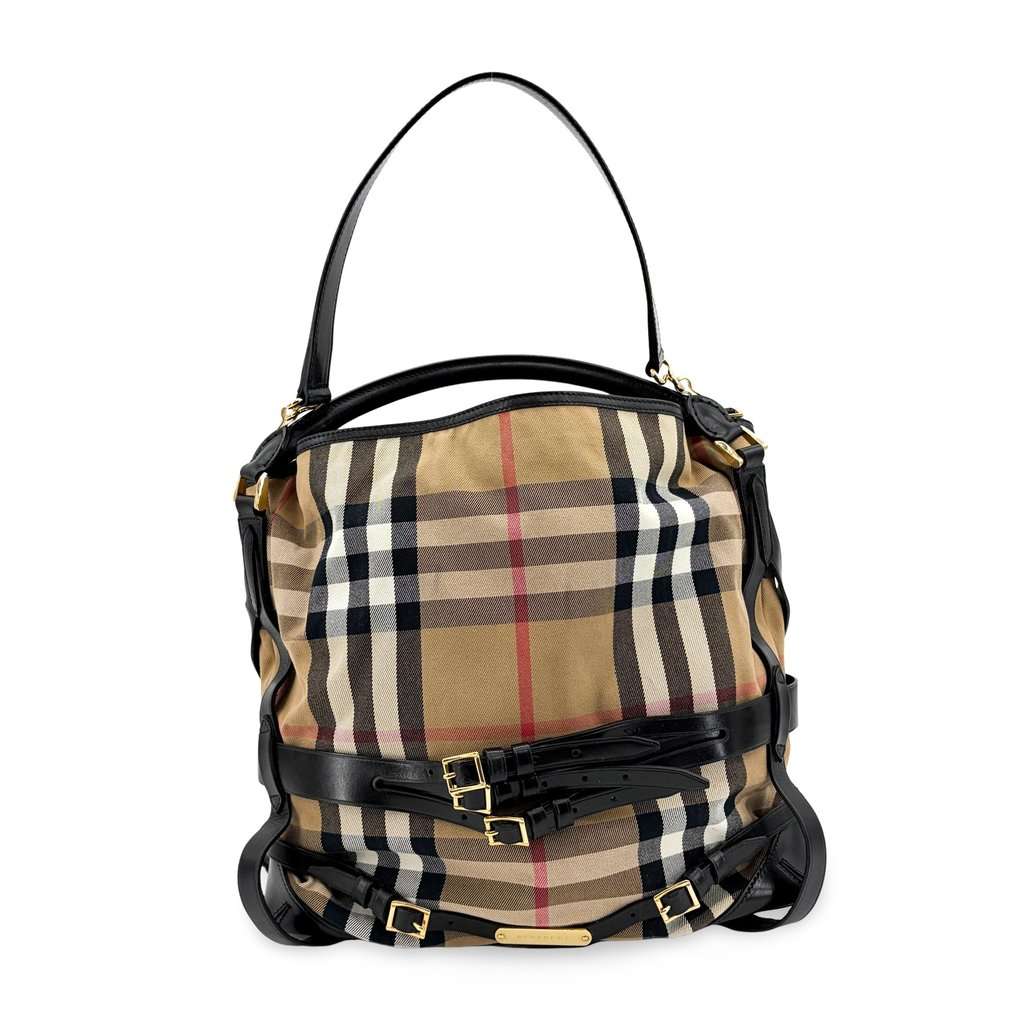 Burberry Medium Haymarket Check Buckle Hobo Bag Beige Black MultiColor Canvas Good - Front View