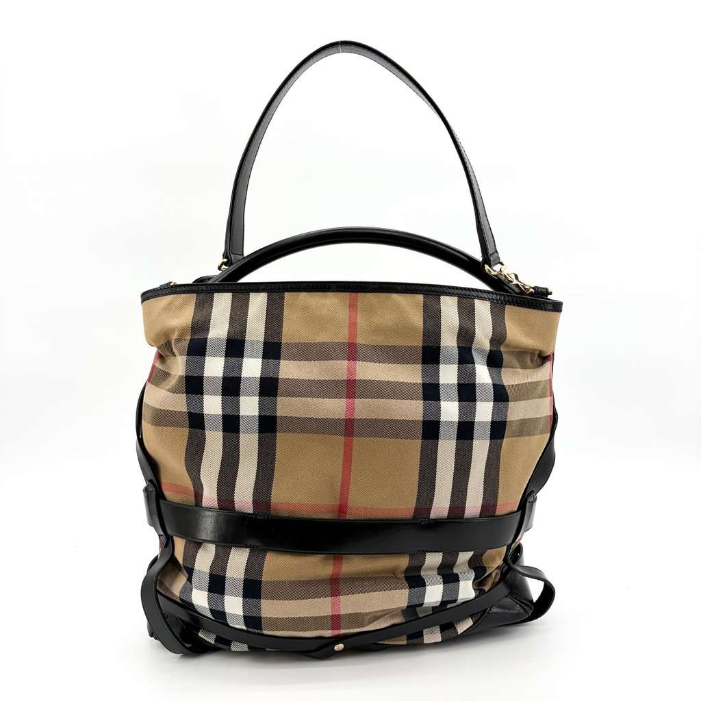 Burberry Medium Haymarket Check Buckle Hobo Bag Beige Black MultiColor Canvas Good - Inside View