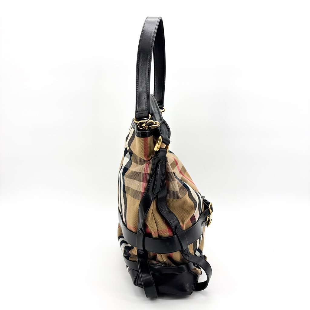 Burberry Medium Haymarket Check Buckle Hobo Bag Beige Black MultiColor Canvas Good - Box View