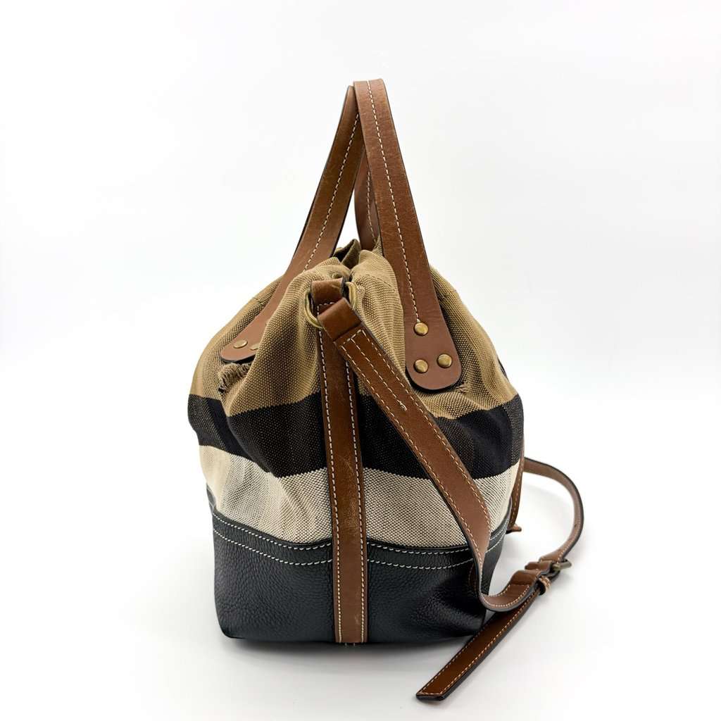 Burberry Medium Ashby Canvas Check Bucket Bag Black Brown Beige Canvas Fair - Model View
