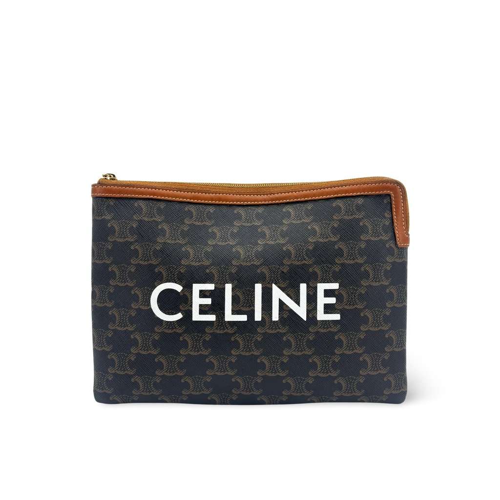 Celine Triomphe Canvas Zipped Pouch Tan Black Canvas Very good - Front View