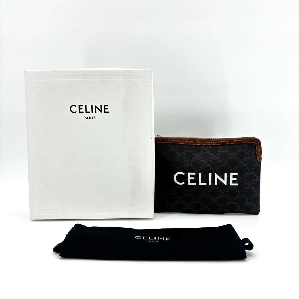 Celine Triomphe Canvas Zipped Pouch Tan Black Canvas Very good - Back View