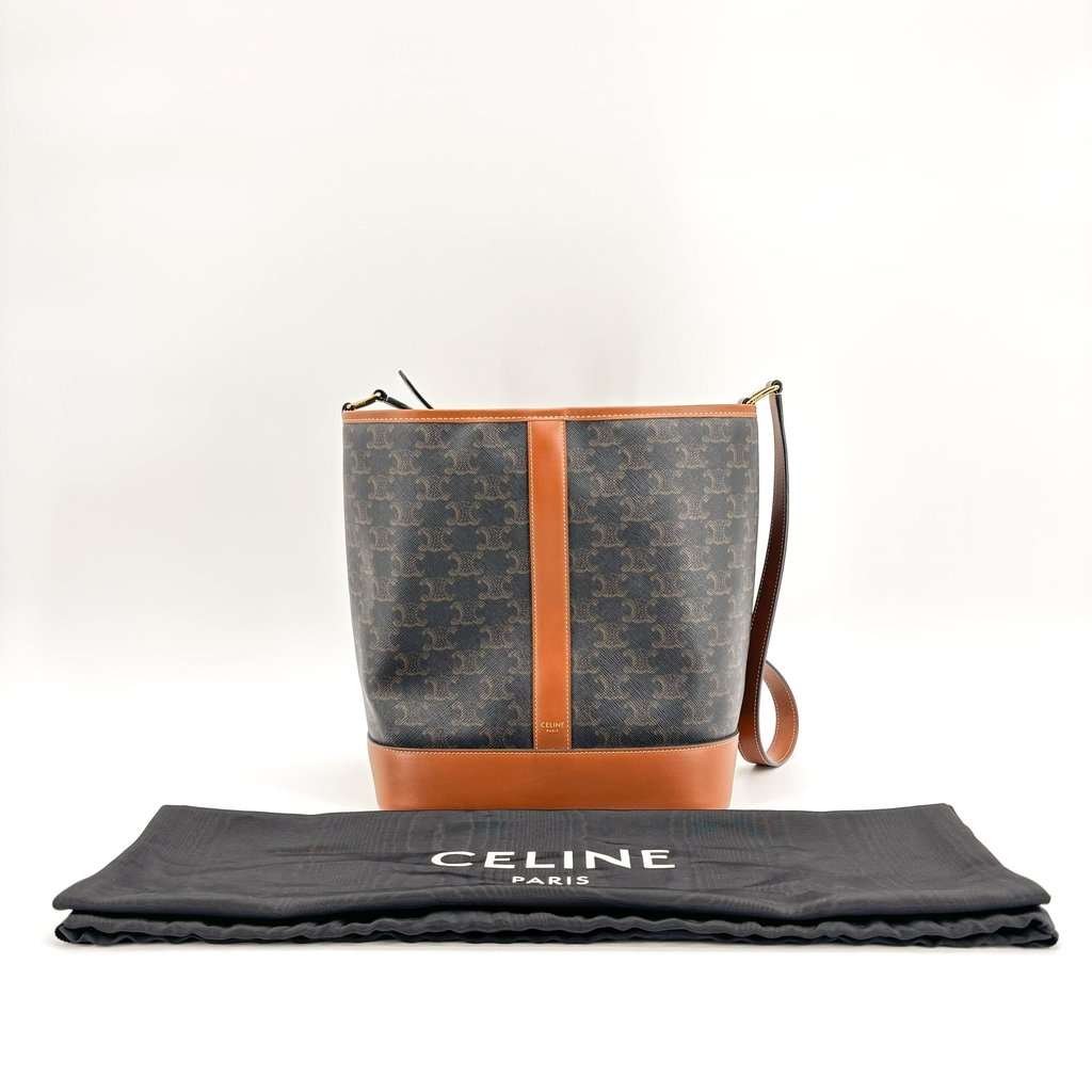 Celine Medium Bucket Bag in Triomphe Canvas and Calfskin Tan Black Canvas Very good - Back View