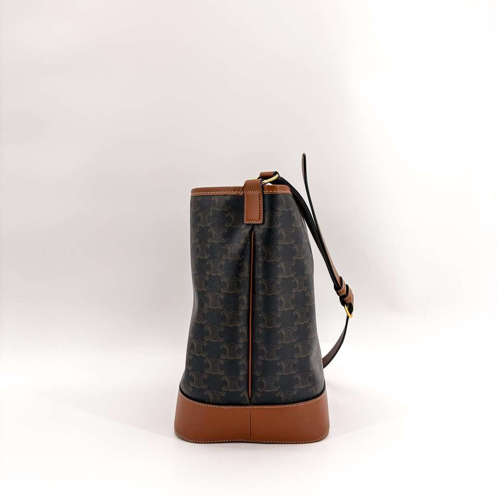 Celine Medium Bucket Bag in Triomphe Canvas and Calfskin Tan Black Canvas Very good - Model View