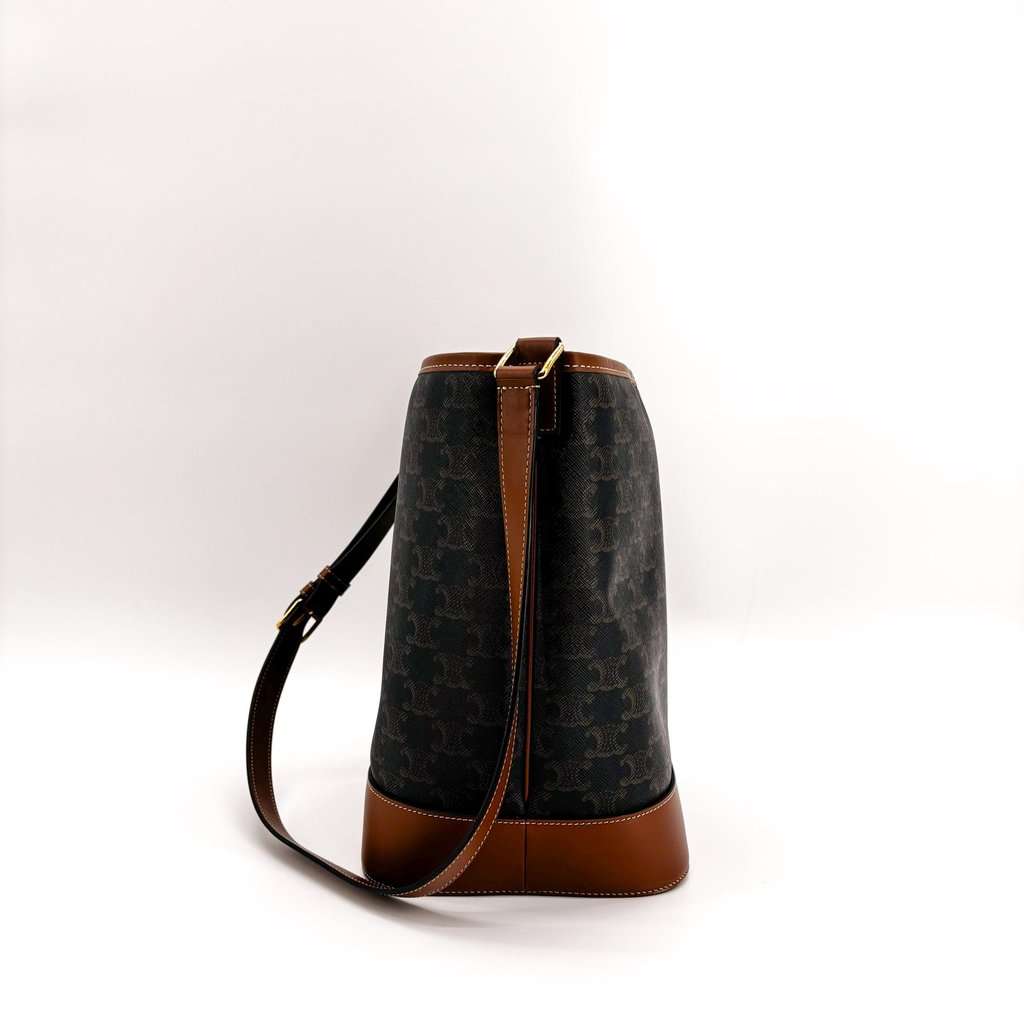 Celine Medium Bucket Bag in Triomphe Canvas and Calfskin Tan Black Canvas Very good - Box View