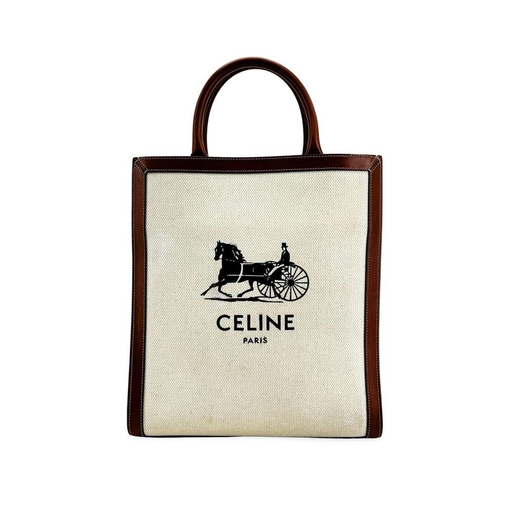 Celine Small Vertical Cabas Carriage Bag Tan Black Canvas Good - Front View