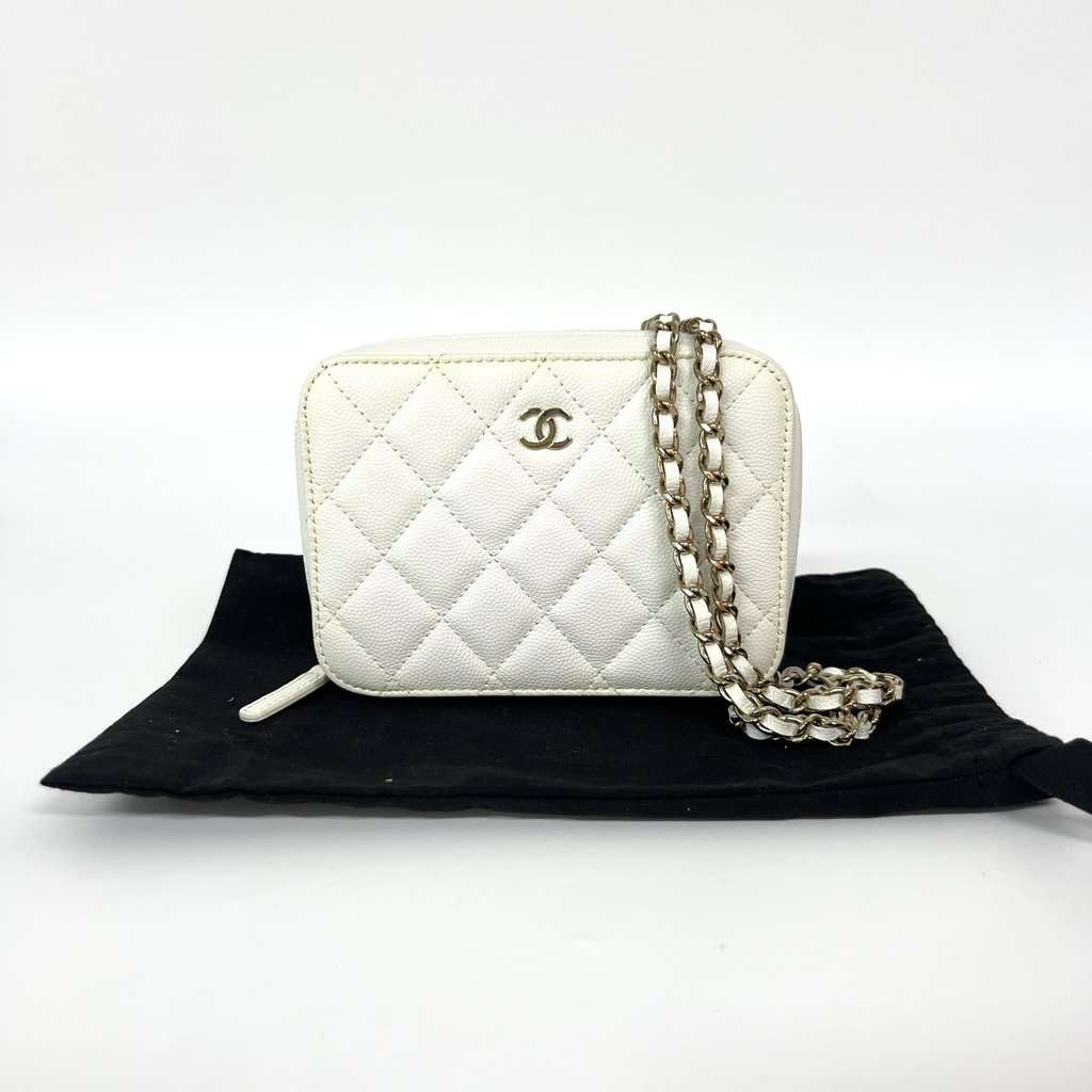 Chanel Caviar Quilted Mini Camera Case White Champagne Gold Gold Leather Good - Back View