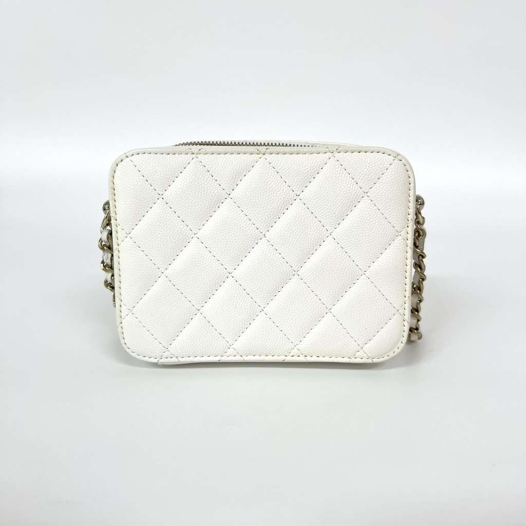 Chanel Caviar Quilted Mini Camera Case White Champagne Gold Gold Leather Good - Inside View