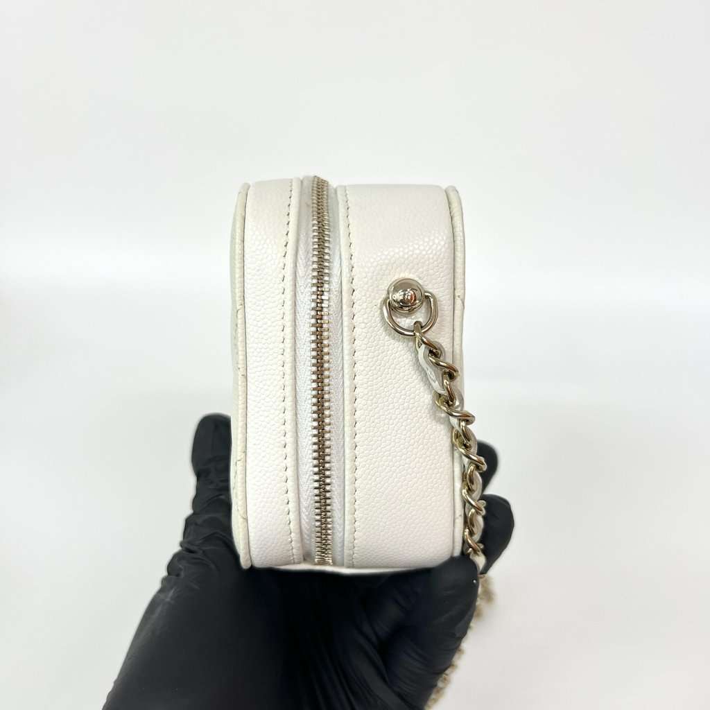Chanel Caviar Quilted Mini Camera Case White Champagne Gold Gold Leather Good - Model View