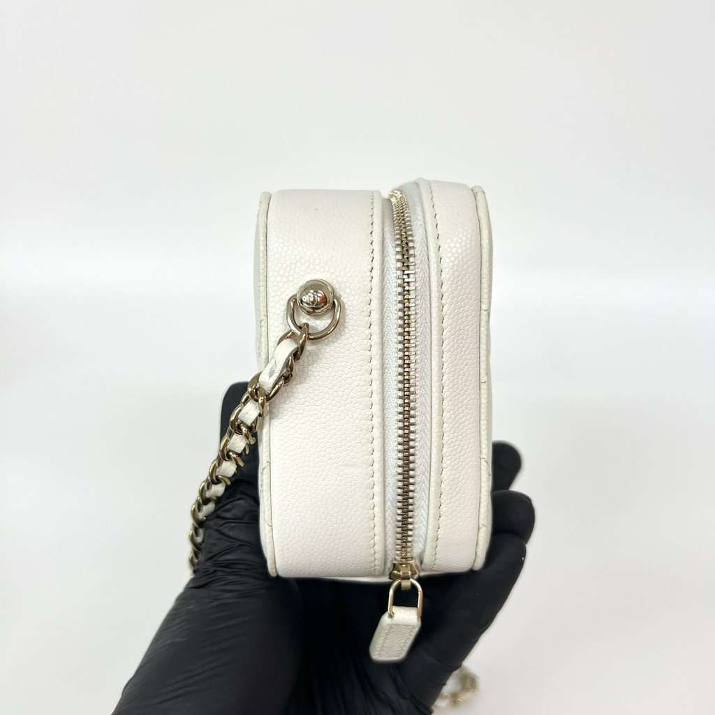 Chanel Caviar Quilted Mini Camera Case White Champagne Gold Gold Leather Good - Box View