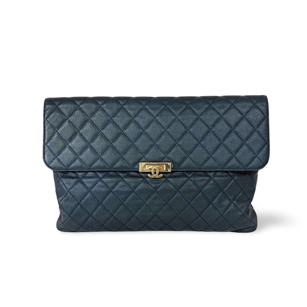 Chanel Classic Quilted Caviar Flap Clutch Large Navy Gold Hardware 25 Series Gold Leather Good - Front View
