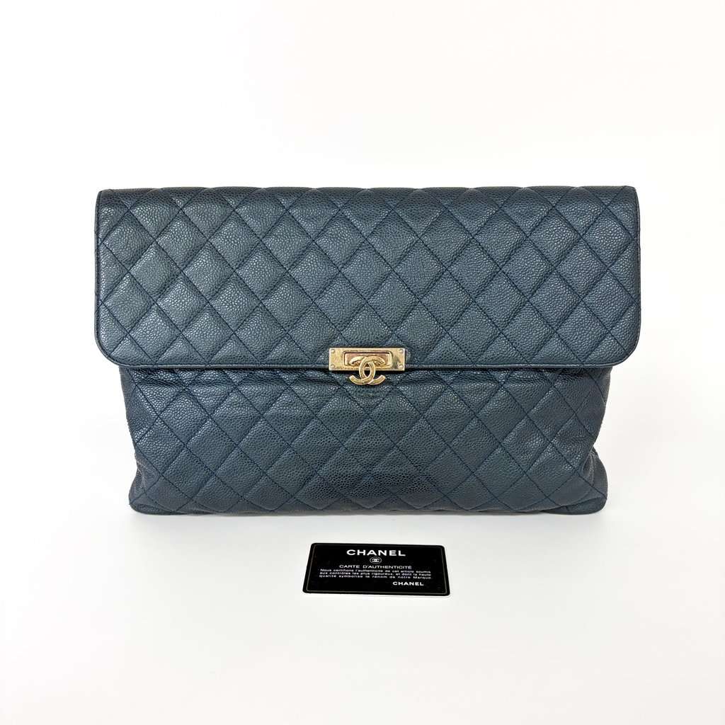 Chanel Classic Quilted Caviar Flap Clutch Large Navy Gold Hardware 25 Series Gold Leather Good - Back View