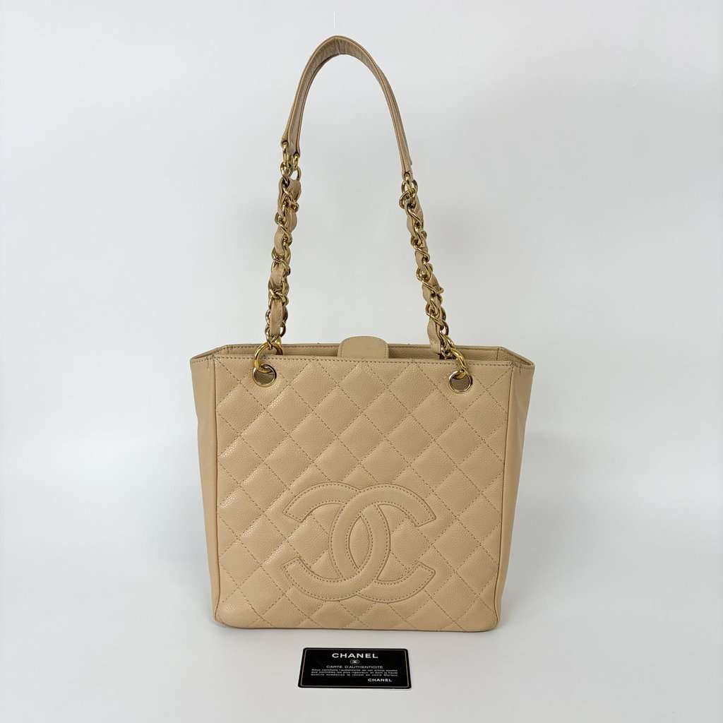 Chanel Petit Shopping Tote Bag Beige Caviar Gold Hardware Brown Leather Good - Back View