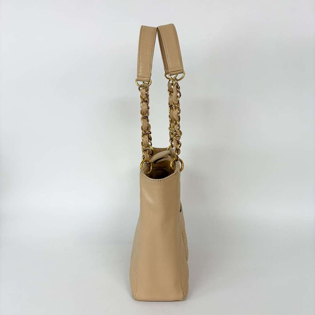 Chanel Petit Shopping Tote Bag Beige Caviar Gold Hardware Brown Leather Good - Model View