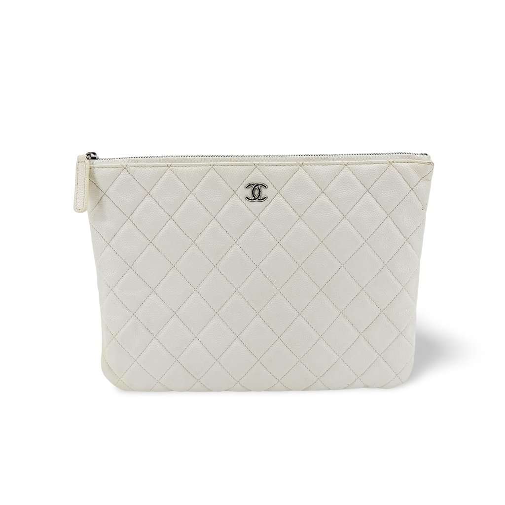 Chanel Classic Large Pouch Grained Calfskin Silver Hardware White White Leather Good - Front View