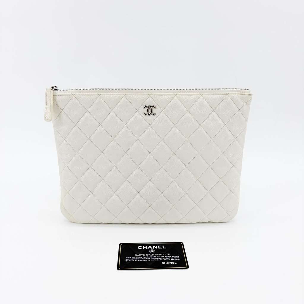 Chanel Classic Large Pouch Grained Calfskin Silver Hardware White White Leather Good - Back View