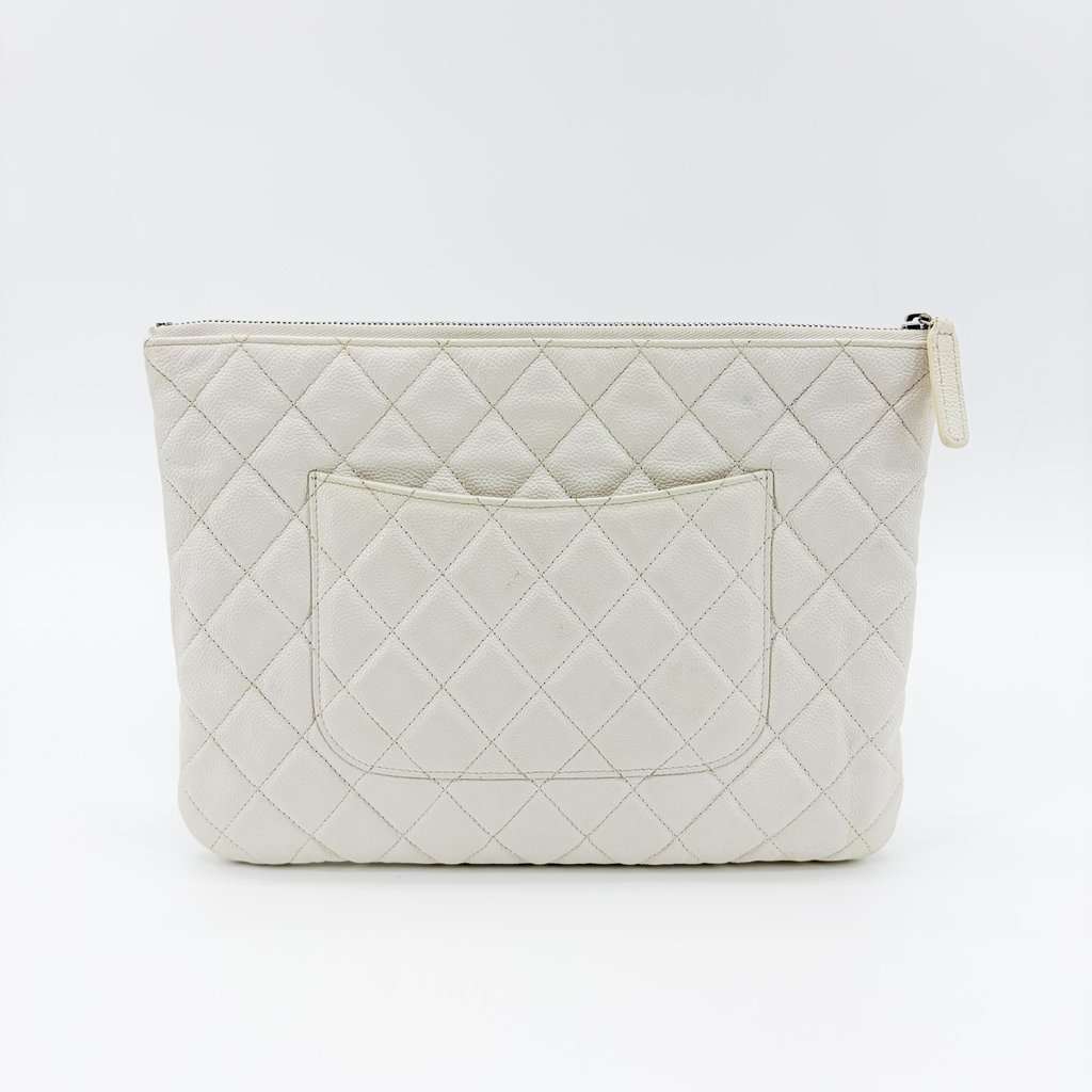 Chanel Classic Large Pouch Grained Calfskin Silver Hardware White White Leather Good - Inside View